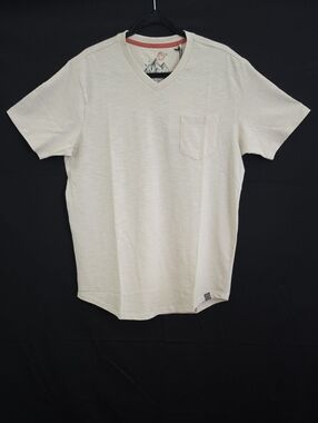 Free Planet Men's V-Neck Organic Cotton Short Sleeve Pocket Tee in Light Beige